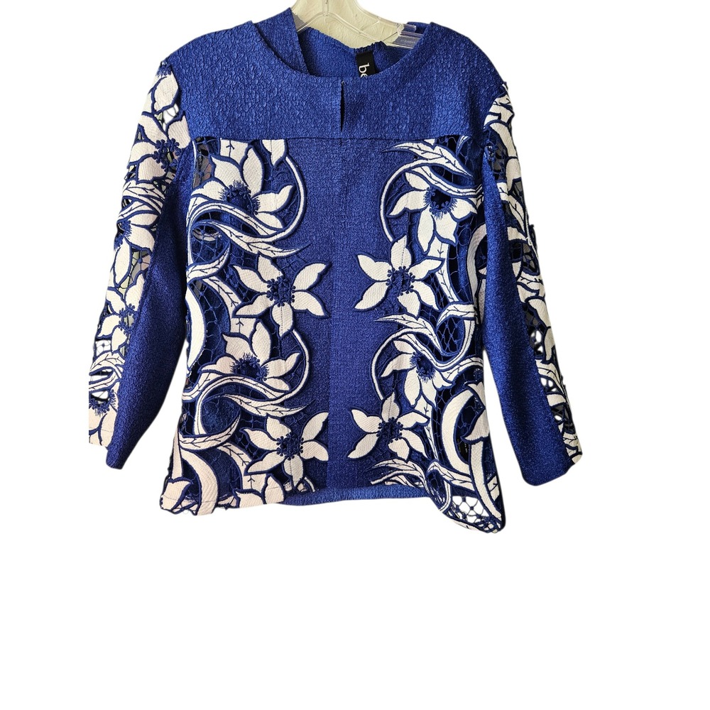 Berek Blue Textured‎ Knit Floral Lace Open Front Cardigan Jacket Women PM